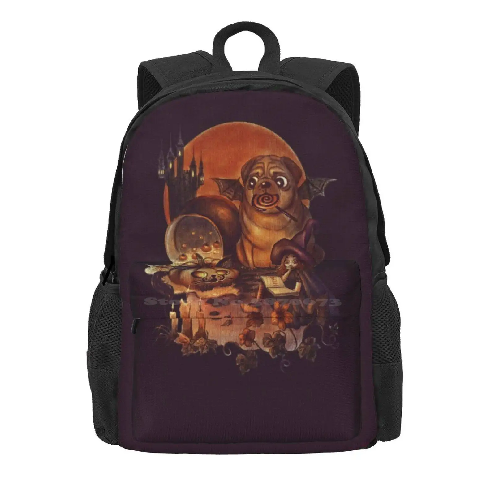 Unlucky Halloween Witch Hot Sale Schoolbag Backpack Fashion Bags Halloween Witch Pumpkin Orange Pug Carlino Dog Adorable Black