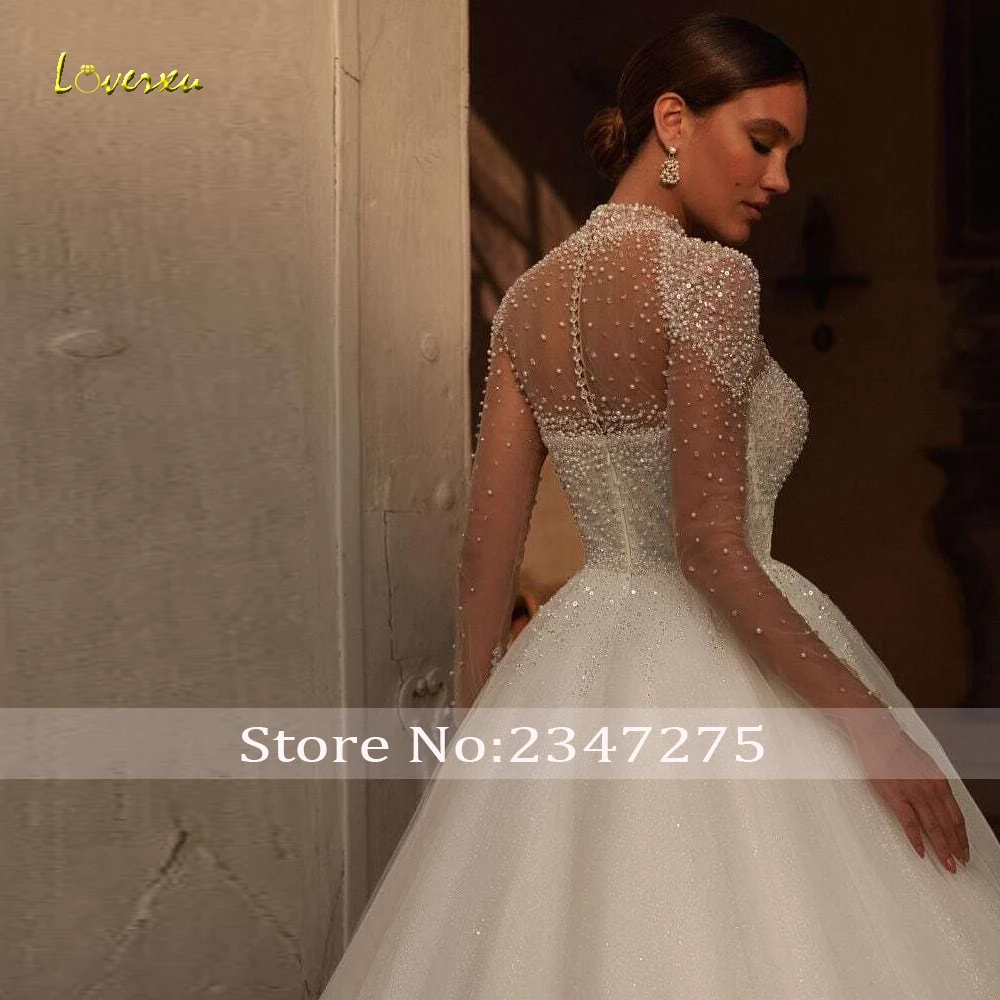 Suknie ślubne Loverxu w kształcie litery A z brokatem dla kobiet, z wysokim dekoltem, Vestido De Novia, koronkowe, zdobione koralikami, w stylu vintage, szyte na miarę, Robe De Mariee