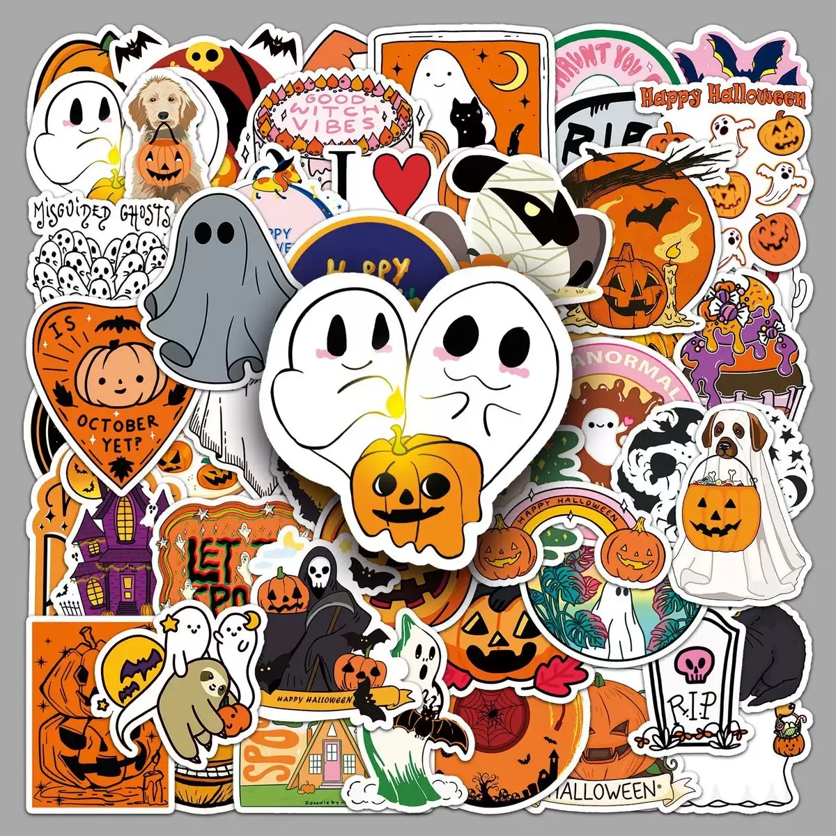 50Pcs Halloween Cute Spooky Cartoon Stickers Pumpkin Ghost Bat Decals for Kids Halloween Gifts Party Favors DIY Party Decoration