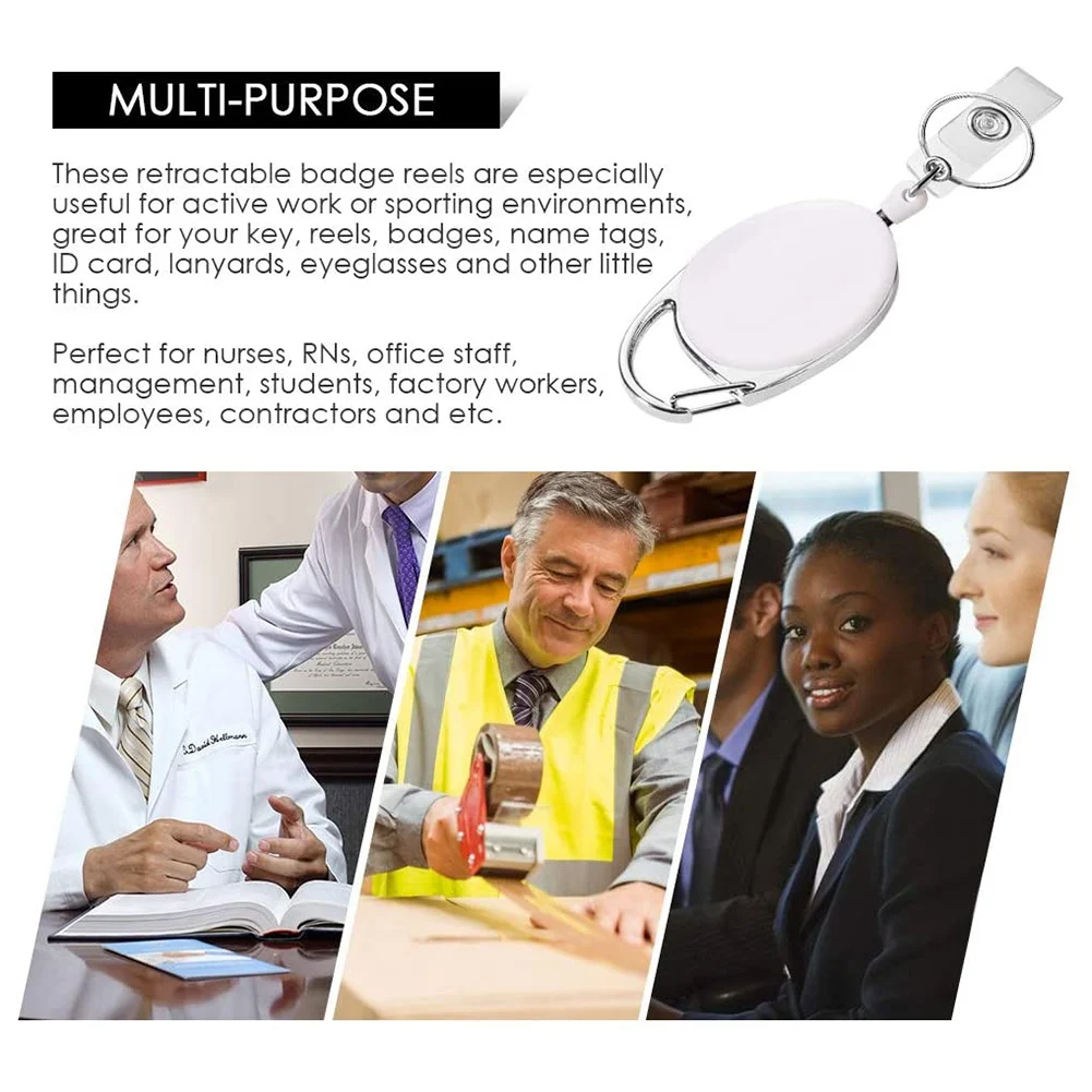 Suporte de crachá retrátil com clipe de carretel de mosquetão e chaveiro para porta-chaves de cartão de identificação preto 10 peças, branco