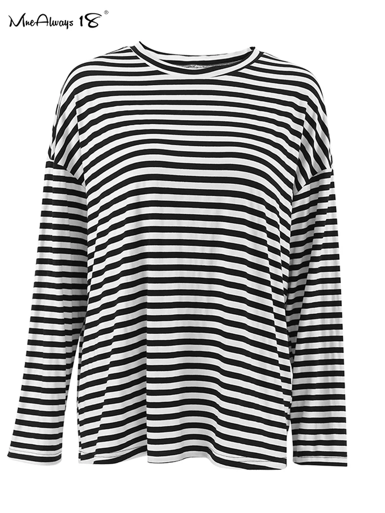 Mnealways18 Knitted Striped T-Shirts Women 2024 Autumn O-Neck Long Sleeve Loose Tops T-Shirt Fashion Elastic Black Pullover Tops