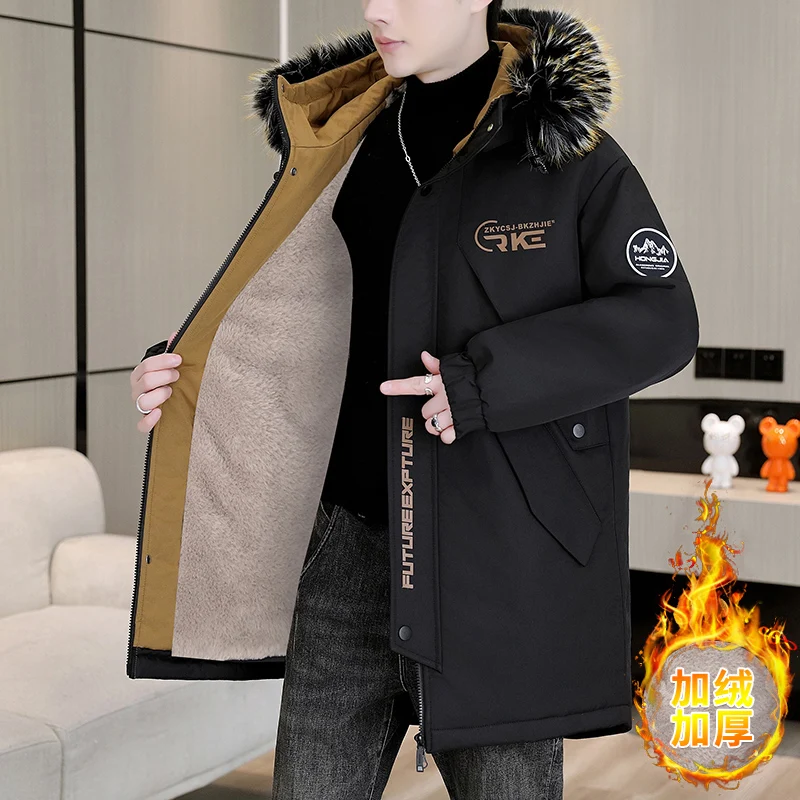 Men's Mid-Length Fleece Hooded Jackets 2025 Winter Detachable Fur Collar Thicken Plush Parkas Outwear Loose Windproof Warm Coats