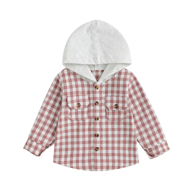 

Toddler Boys Girls Long Sleeve Button Down Hooded Plaid Shirt Hoodie Jacket Tops Coat Outwear Fall Clothes