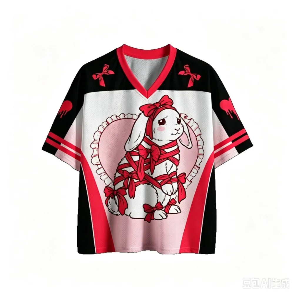 Summer Fashion New Design Rabbit Illustration 3D Print Men Women's V-Neck Sports Breath Quick-drying T-Shirt Y2K Family Clothing