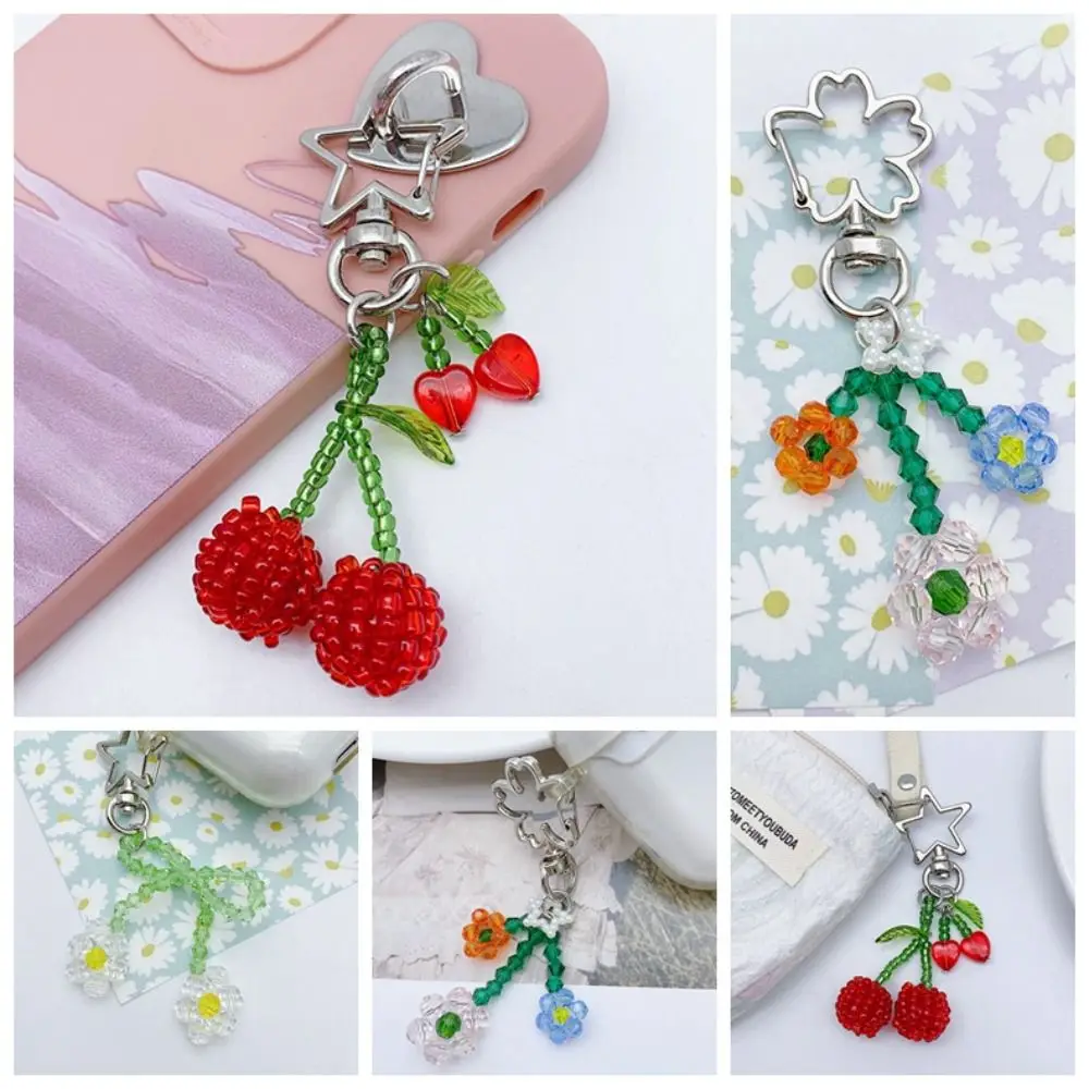 

Woman Girl Crystal Cherry Keychain Handmade Beaded Flower Keyring Kawaii Key Holder Phone Chain Strap Phone Charm