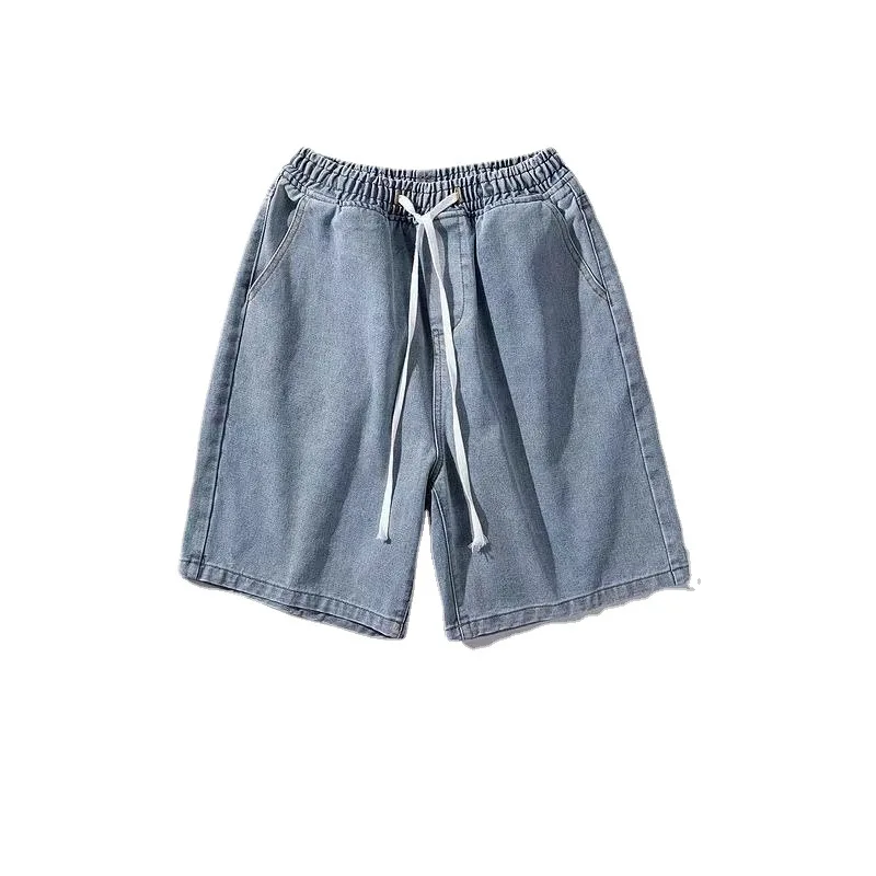 Summer Drawstring Denim Shorts Men's Trendy Loose Straight Neutral Beach Casual Mid-Length Pants Daily Wear Straight Leg Jeans
