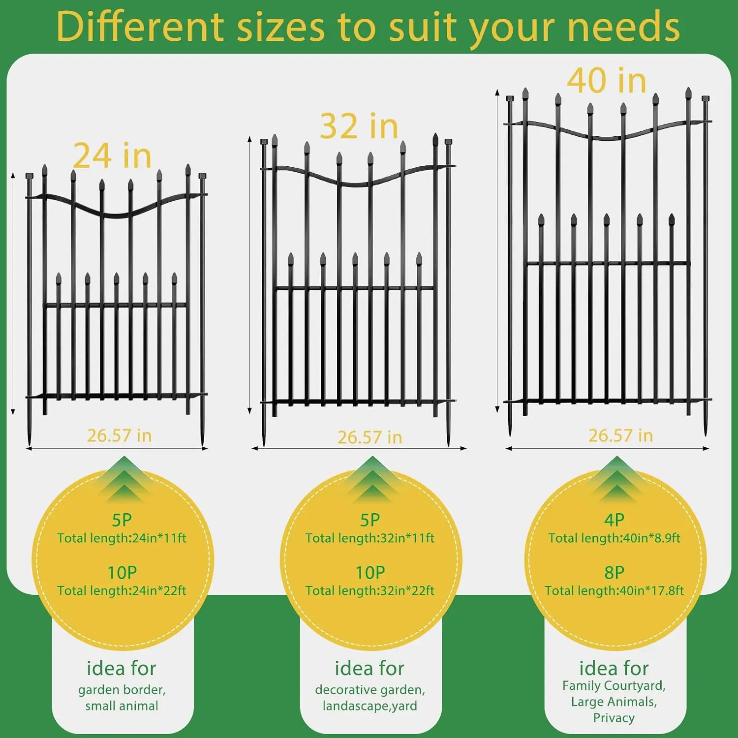 10 Panels No Dig Decorative Garden Fence, 32in(H)×22ft(L) Heavy-Duty Rustproof Metal Panels, Outdoor Dog Barrier for Yard & Pati
