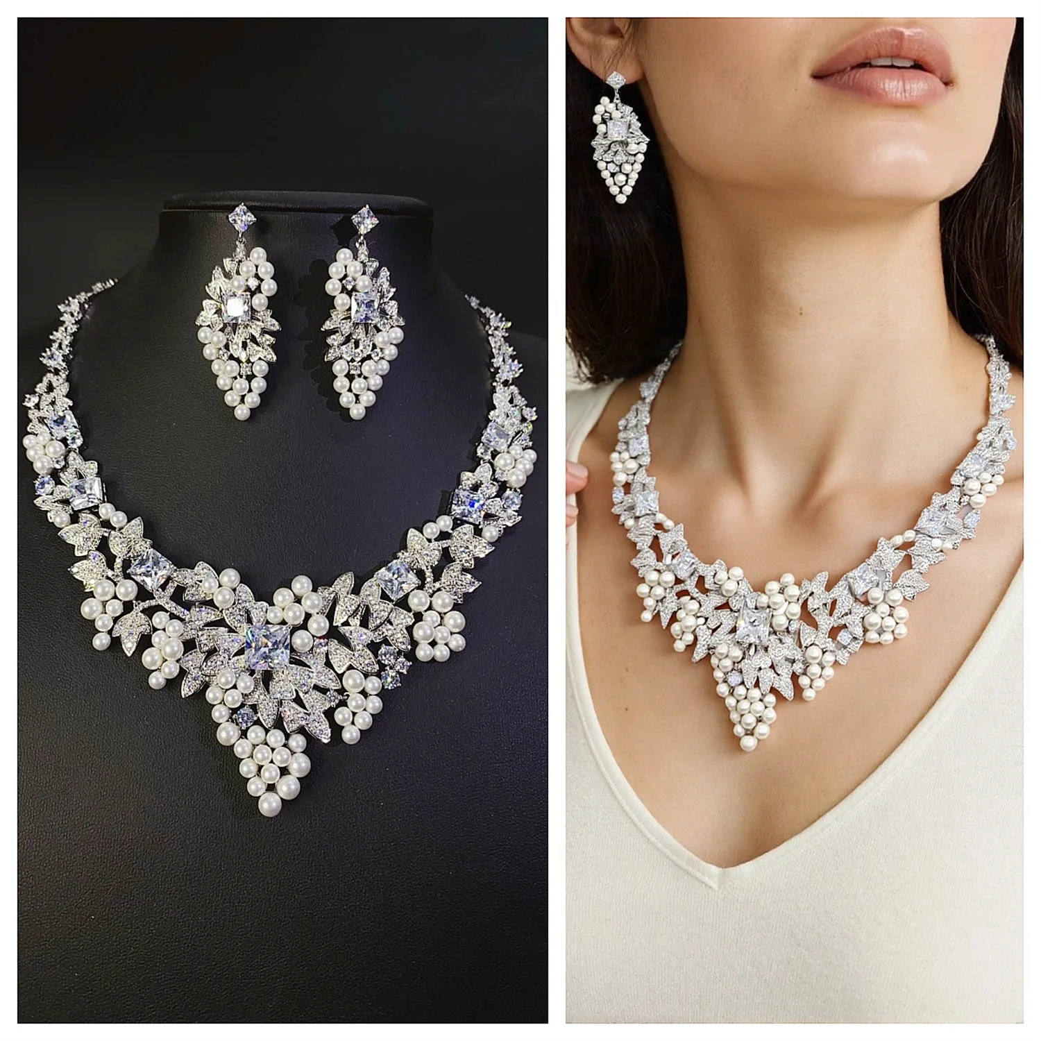 

Elegant Zircon Pearl Necklace Earrings Two-Piece Set Bridal Wedding Accessories Dress Banquet Jewelry Sets High-Quality New