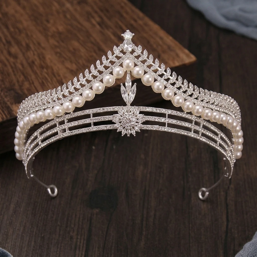 Girls Crown Headband Birthday Party Hair Accessories Elegant Beads Tiaras for Women Performance Wedding Shiny Hair Ornaments