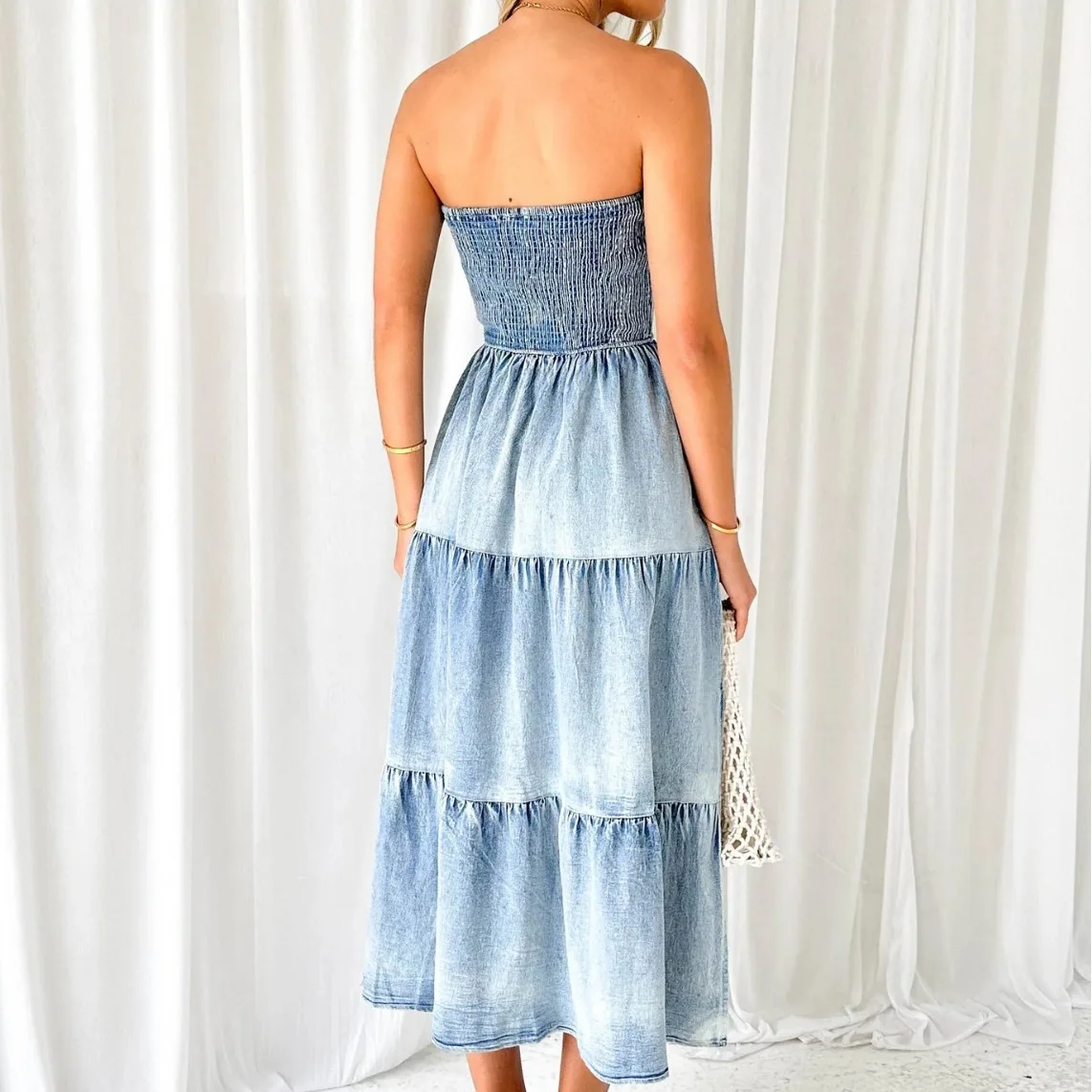 Holiday Strapless Long Dress for Summer Vestidos 2024 New Fashion Women Elegant Hem Stitching Side Split Denim Long Dress