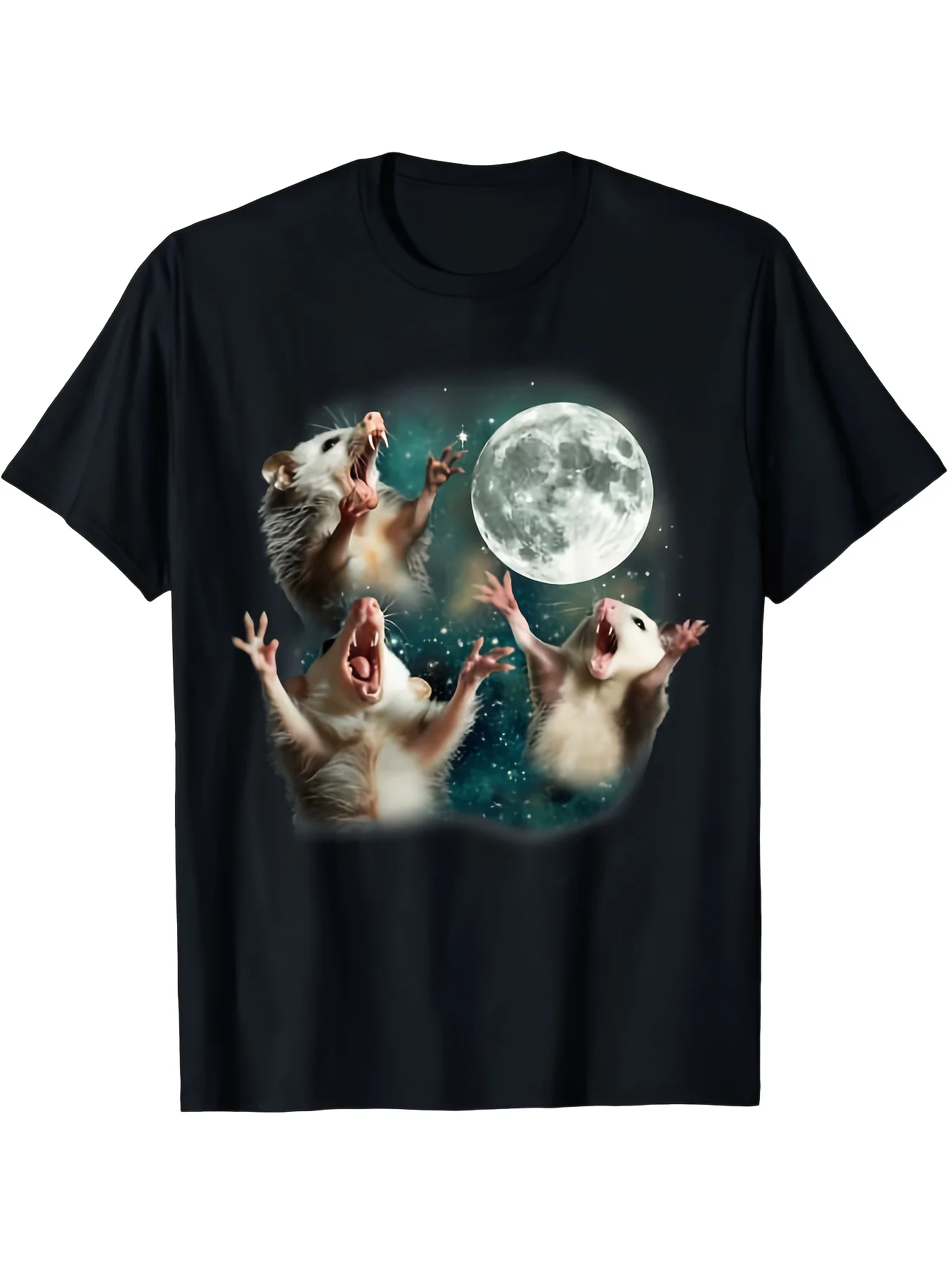 Three-Headed Cat Moon 3 Opossum Humorous Weird Curse Meme T-shirt Print, outdoor T-shirt, featuring a classic round neck design, perfect for day trips, walking, camping, and year-round wear, soft and comfortable casual short-sleeve T-shirt