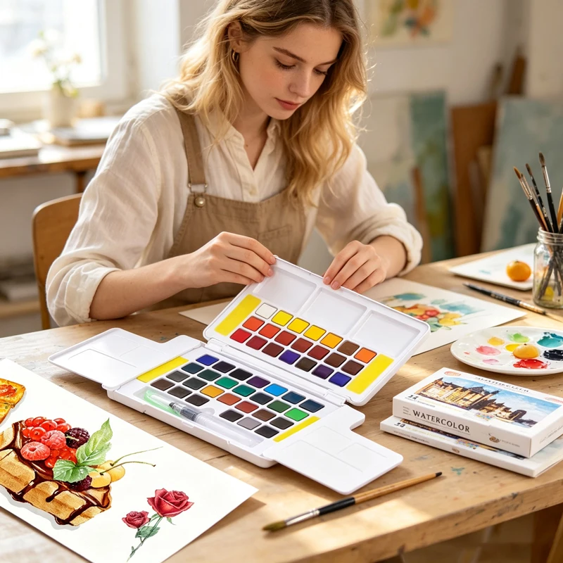 12/24/36/48 Colors Solid Watercolor Paint Set with Water Brush, Portable Art Kit for Beginners, Artists & Painting Hobbyists