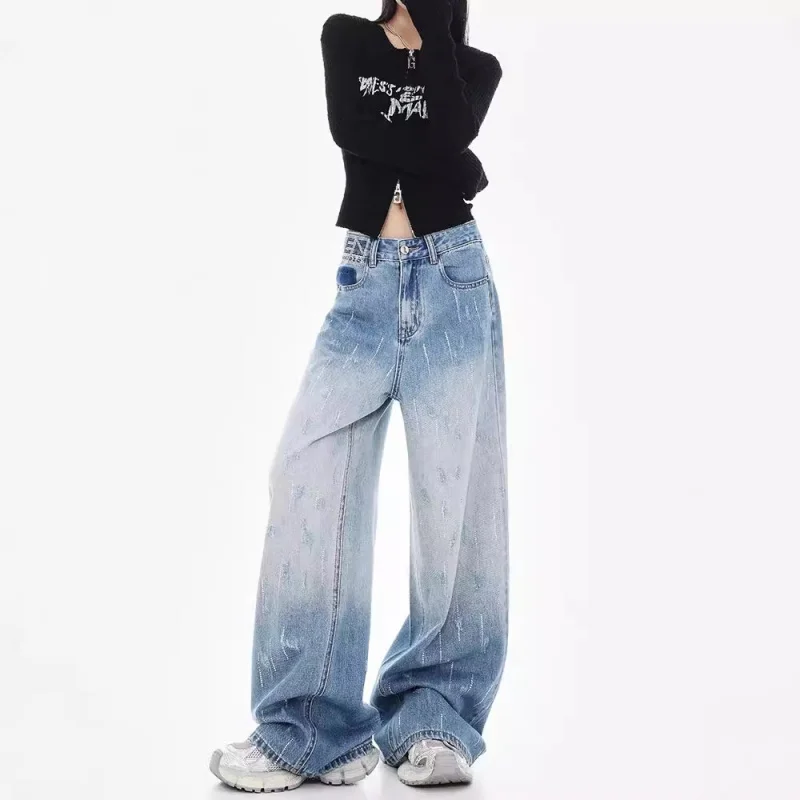 

New American Retro High-Waisted Slimming Rhinestone Design Loose Wide-Leg Jeans