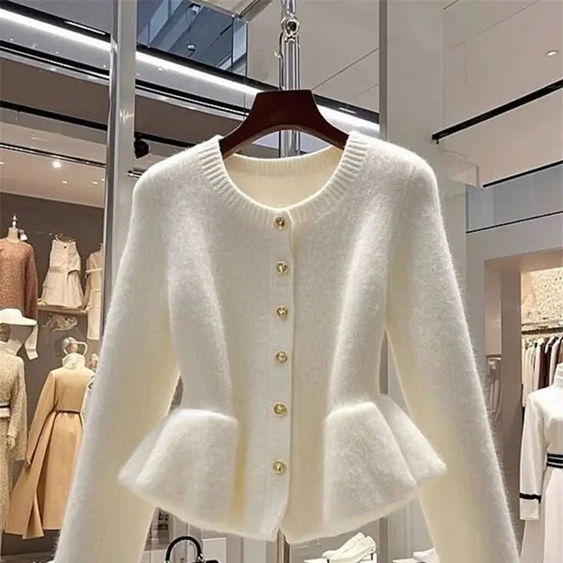 الراقية أنيقة سترة بيضاء معطف المرأة الخريف الشتاء تصميم الخصر النحيف كشكش سترة متماسكة الحلو س الرقبة الصوف تريكو أساسيات #3