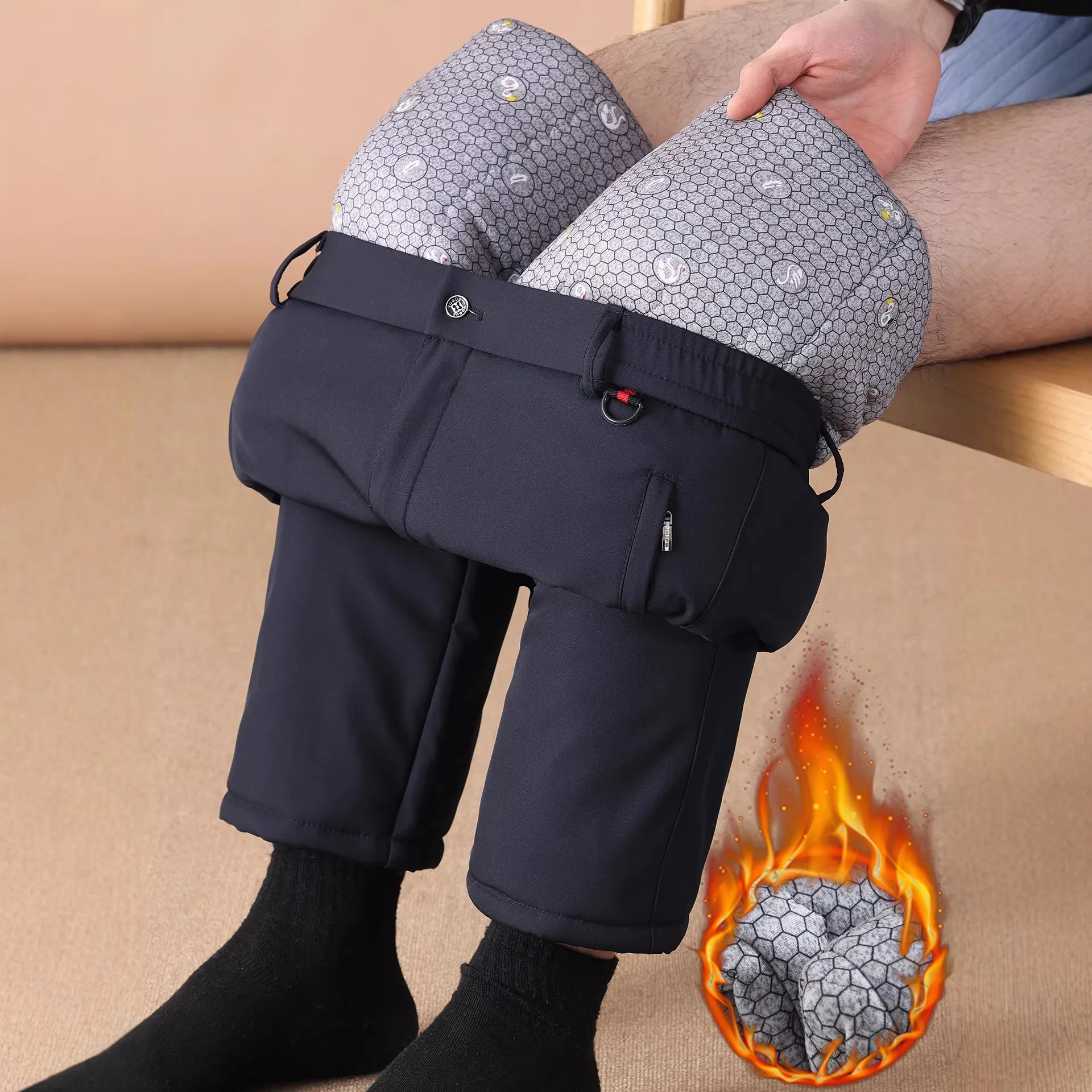 

Зимние хлопковые брюки Thiened для мужчин среднего возраста, с эластичным поясом, повседневные, теплые, для активного отдыха