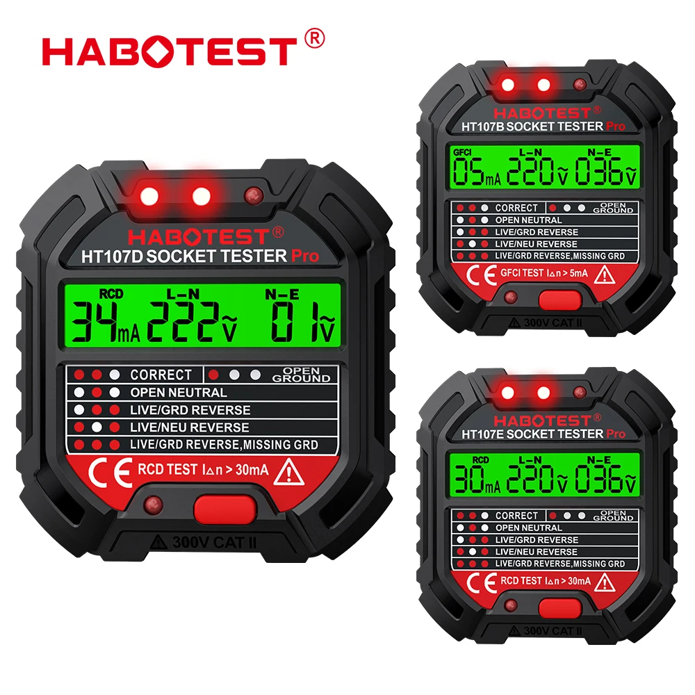 HABOTEST HT107Pro Socket Tester Voltage Test RCD 5/30mA Socket Detector UK EU US Plug Ground Zero Line Plug Polarity Phase Check