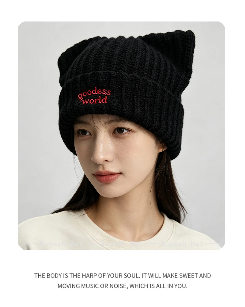 Neue Herren- und Damenmützen im koreanischen Stil mit Buchstabenstickerei und Katzenohren, warme, vielseitige und individuelle Beanies im Retro- und Ins-Stil – Detail 6