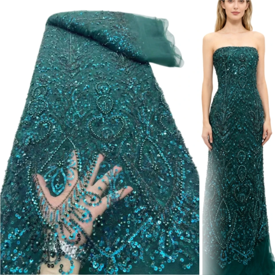 

Luxury 13 Colors High Quality Beads French Tulle Net Sequins Lace Fabric African 5 Yards for Women Wedding Party Dress TP1772