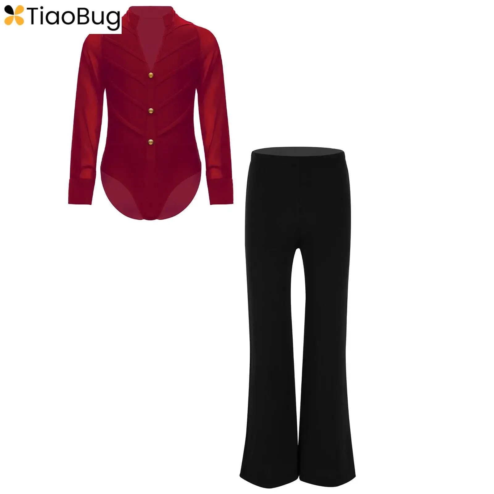 

Kids Boys Latin Dance Leotard 2Pcs/Set Long Sleeve Stand Collar Bodysuit+Pants for Ballroom Jazz Stage Performance Competition