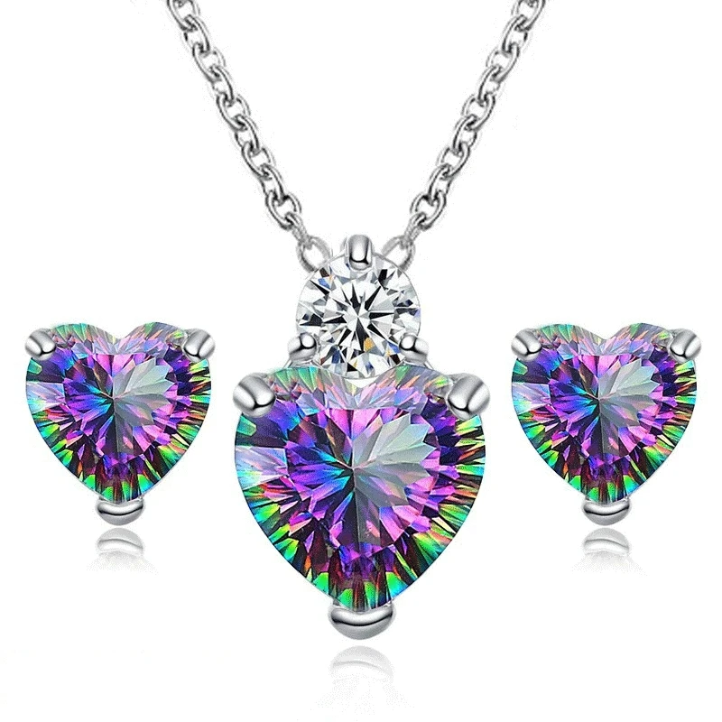 

Trendy 925 Silver Jewelry Set For Women Multicolor Heart CZ Stone Charm Pendants Necklaces Earrings LOVE Anniversary Gift
