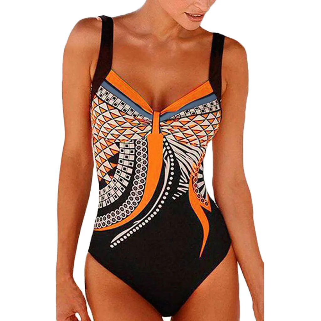 Ladies\' Enthic Style Graphics Printed Retro Summer Backless Sexy Fashion Swimwear Sreamless One Piece Sling Bathing Clothing