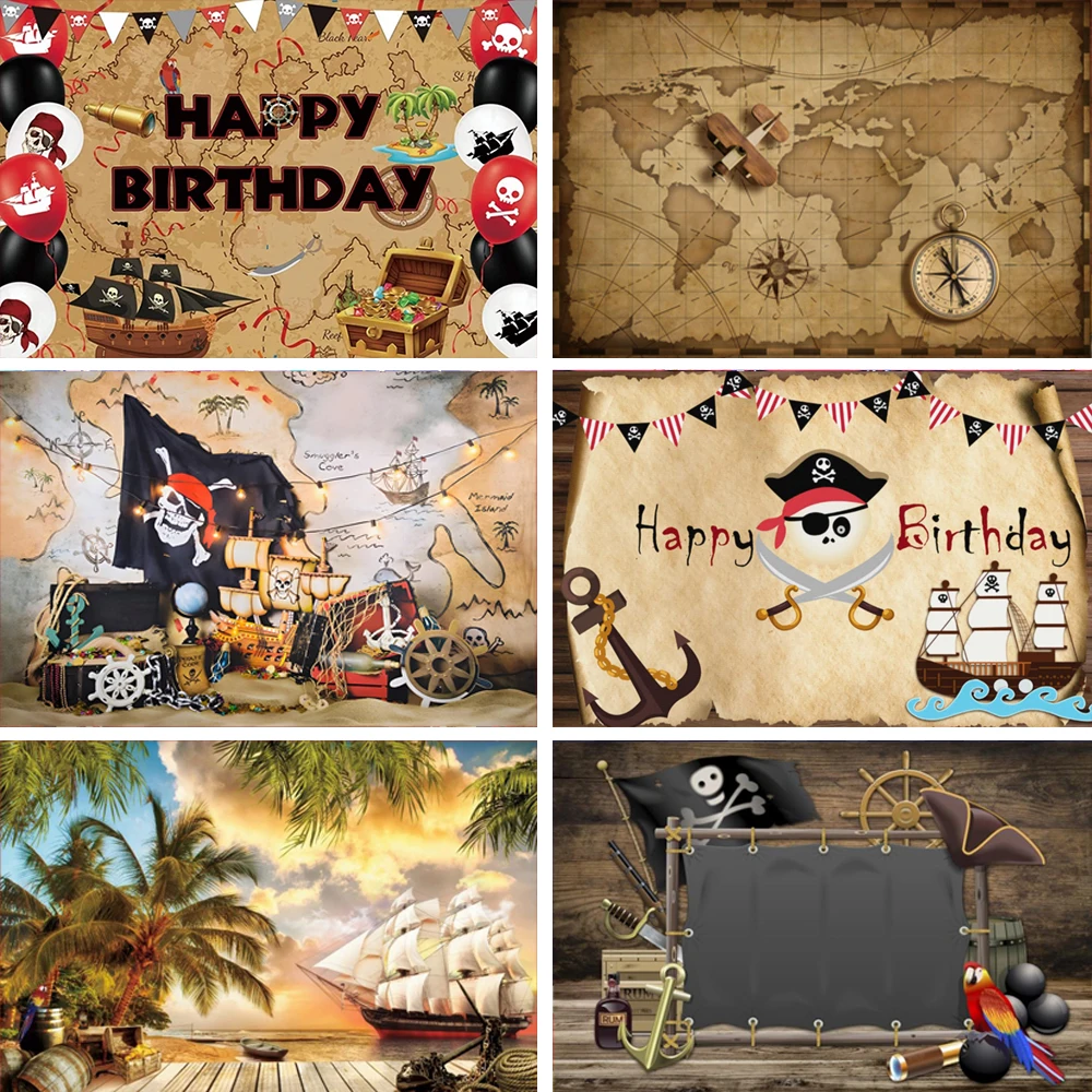 Pirate Ship Background Old Treasure World Map Children Birthday Party Decoration Supplies Banner Baby Portrait Photo Shoot Props