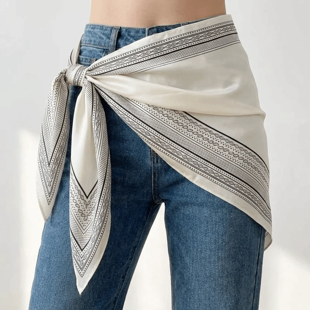 Versatile Imitation Silk Floral Triangle Scarf Polka Dot Polyester Waist Belt Floral Print Decorative Women's Necktie Jeans