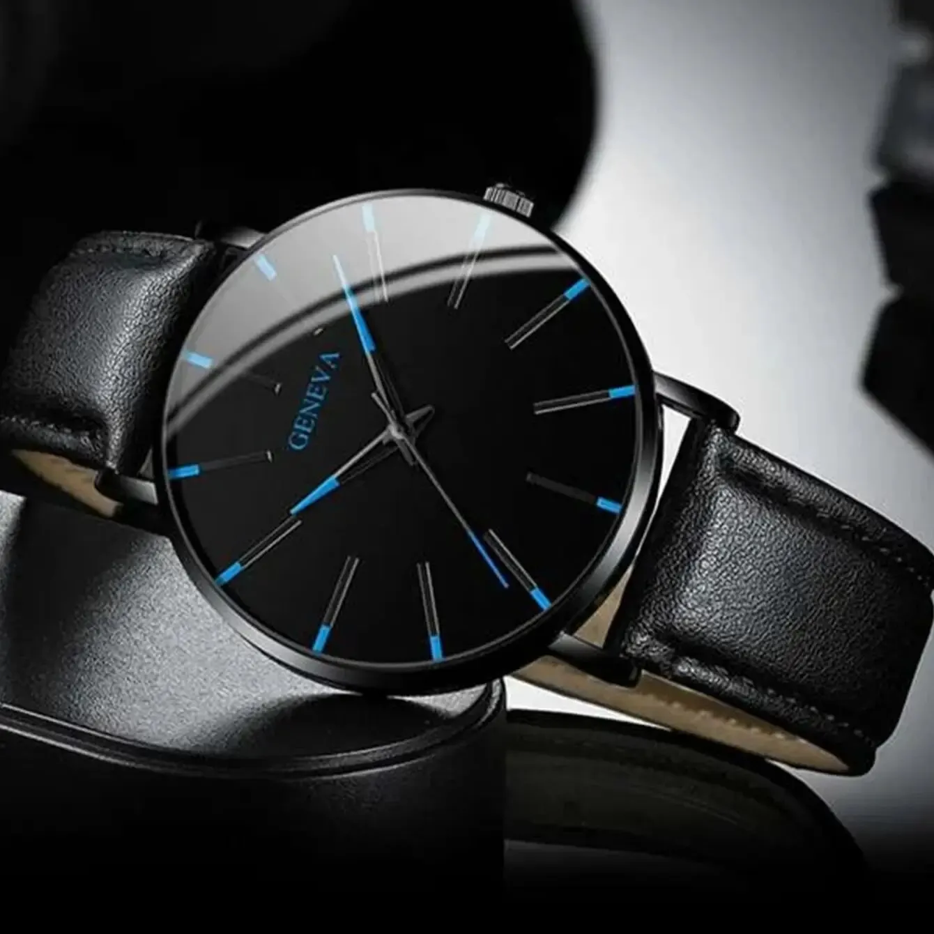 1PCS Men's Fashion Simple Blue Needle Dial Pointer Quartz Belt Watch Luxury Leather Business Quartz Watch Ramadan Gift