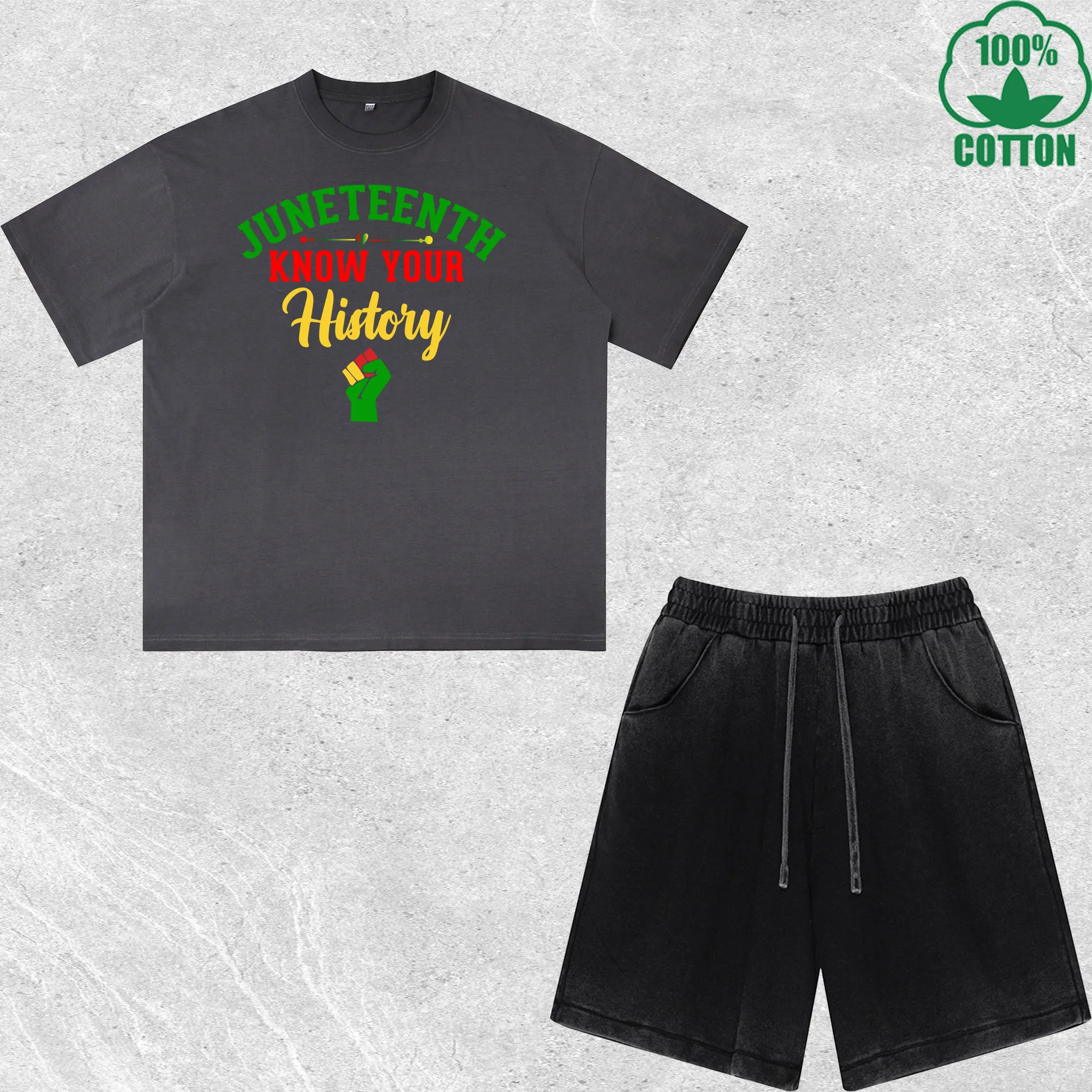 

Juneteenth Know Your Printed Dirty Wash T-Shirt Shorts Set Combo Loose Trendy Fashionable 100%Cotton Short Value Pack