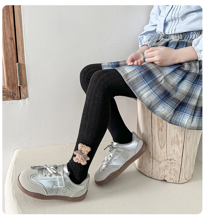 Flauschige Strumpfhose mit Bären- und Schleifendekor, niedliche, verschleißfeste, anti-pilling-Textur für kleine Mädchen, bequeme Leggings aus Stretch-Stoff für den Alltag – Detail 14