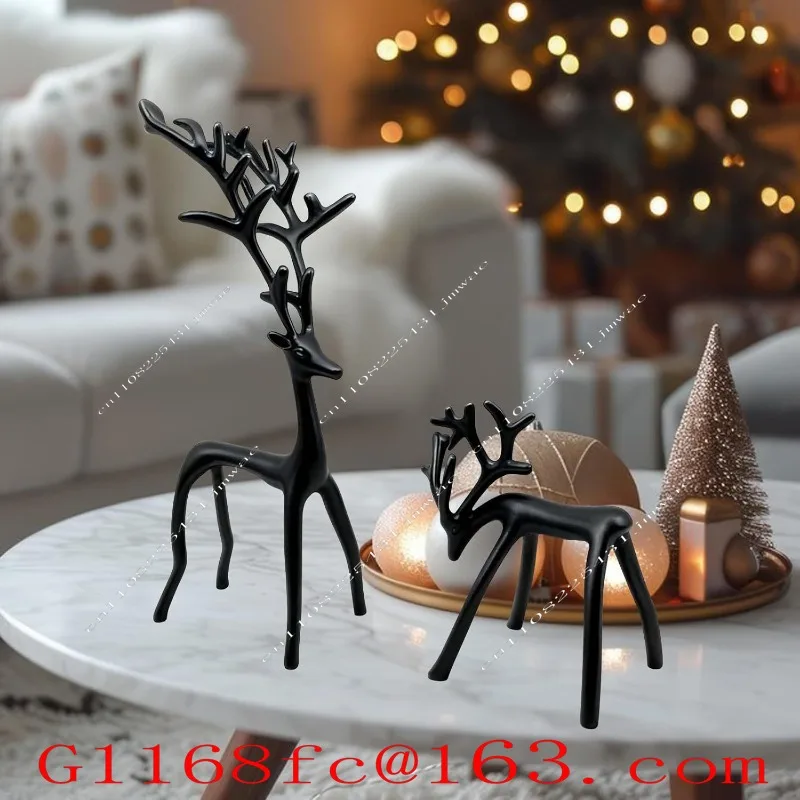 Set of 2 Black Reindeer Statues for Christmas Decor, Modern Festive Home Accent for Table Mantel Living Room Office