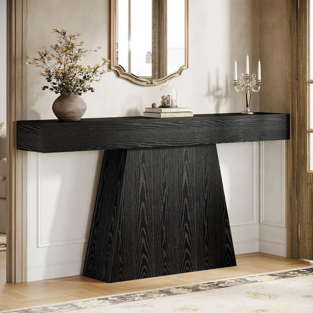 

63" Black Console Table, Farmhouse Entryway Table with Trapezoidal Base, Narrow Long Sofa Table Behind Couch Table for Entrance