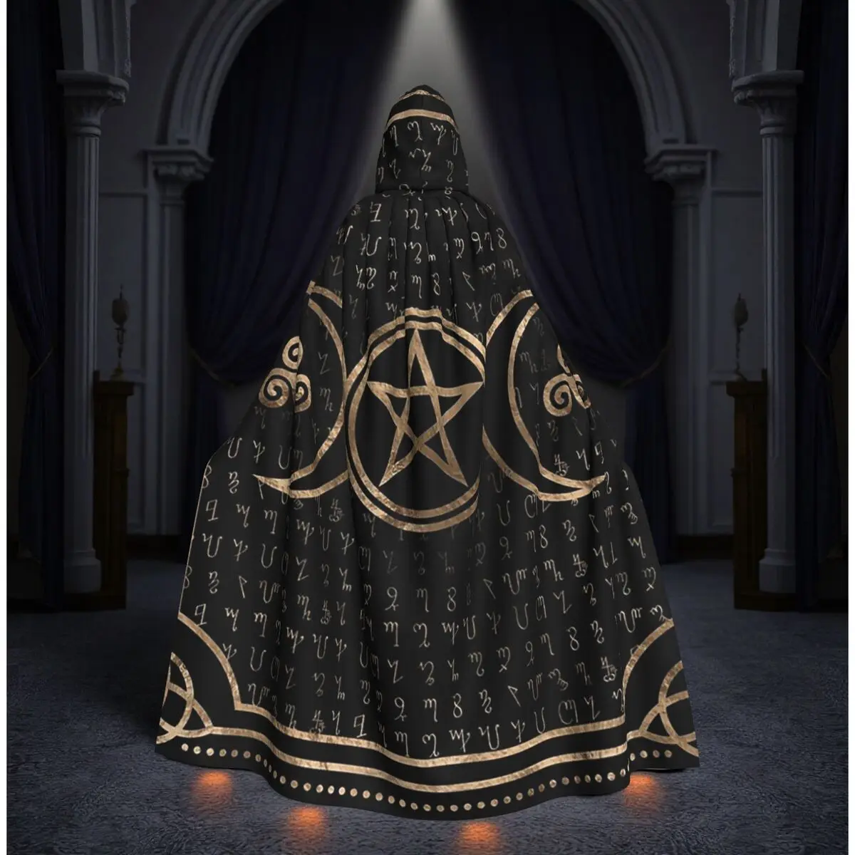 

Triple Moon With Triskelion Pentagram Pagan Wiccan Long Hooded Cloak Witch Medieval Costume Cosplay Cape HalloweenVampire