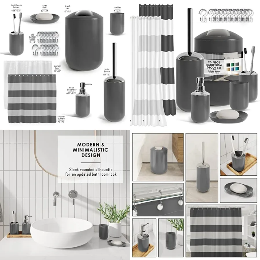 

Bathroom Set - Gray Bathroom Accessories Set, 20PC Bathroom Accessory Set, Shower Curtain Set with Liner, Toothbrush Holder, So