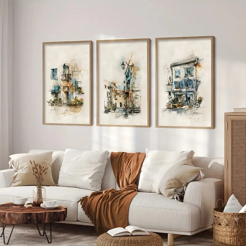 

3pcs/Set Retro Street Scenes, Watercolor Sketch Canvas Prints, Hand-painted Style Decorative Posters, Modern Home Wall Art