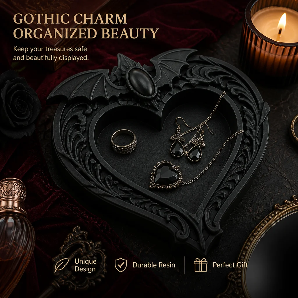 Gothic Bat Wing Heart Jewelry Tray, Black Resin Ornate Trinket Dish for Dark Academia Witchy Halloween Vanity Decor