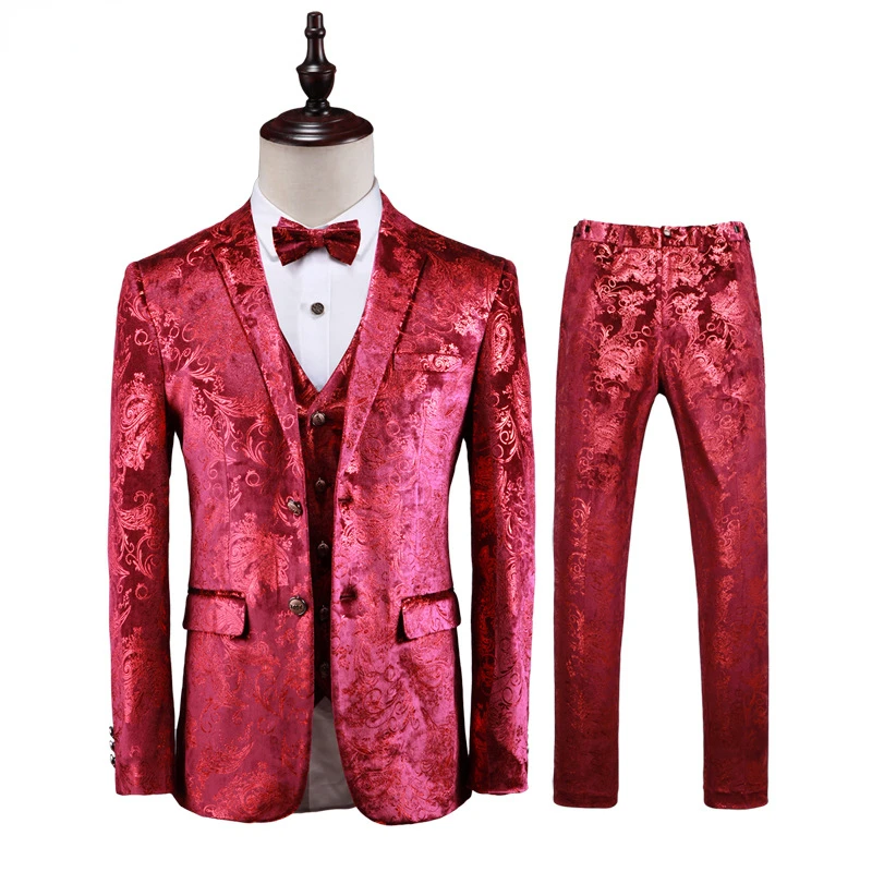 

Luxury Red Paisley Floral Steampunk 3 Piece Suit Set Men Wedding Prom Dress Suits With Pants Mens Slim Fit Stage Costume Homme
