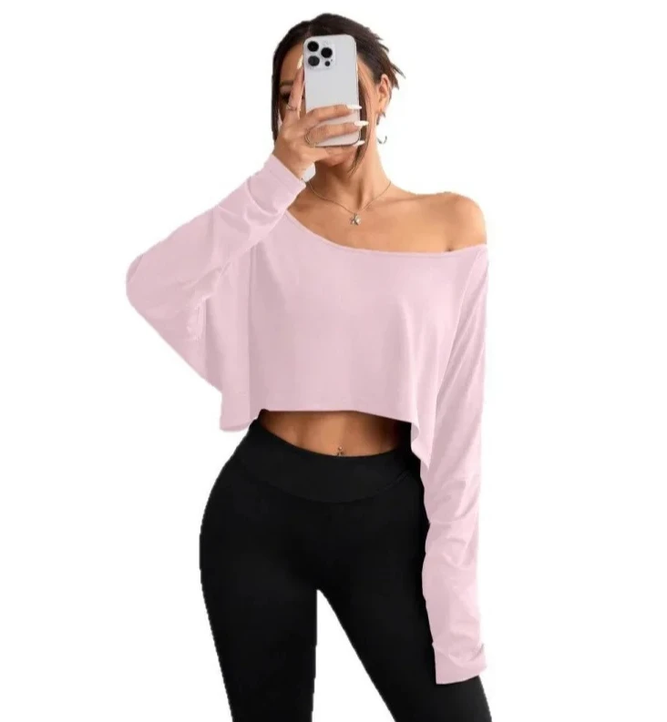 تي شيرت عصري بقاعدة فضفاضة على الكتف وأكمام طويلة وإحساس الجليد للربيع والصيف ملابس نسائية أساسية