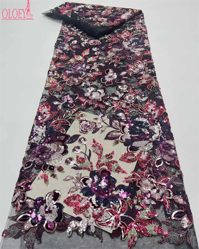 

OLOEY French Flower Sequins Lace Fabric High Quality Nigerian Beads for Wedding Party Dress Sewing Latest Design