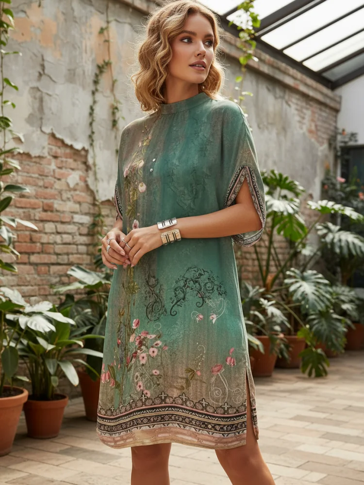 Freeacy 2025 レディースファッション Tシャツドレス花柄プリントハイネック半袖ミニドレス女性 H ラインエレガントなパーティードレス