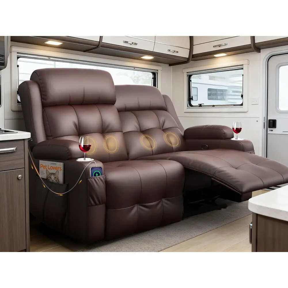 

55.1 RV Leather Reclining Loveseat with USB/Type C Charging, Cup Holders, Double Recliners for Living Room or RV