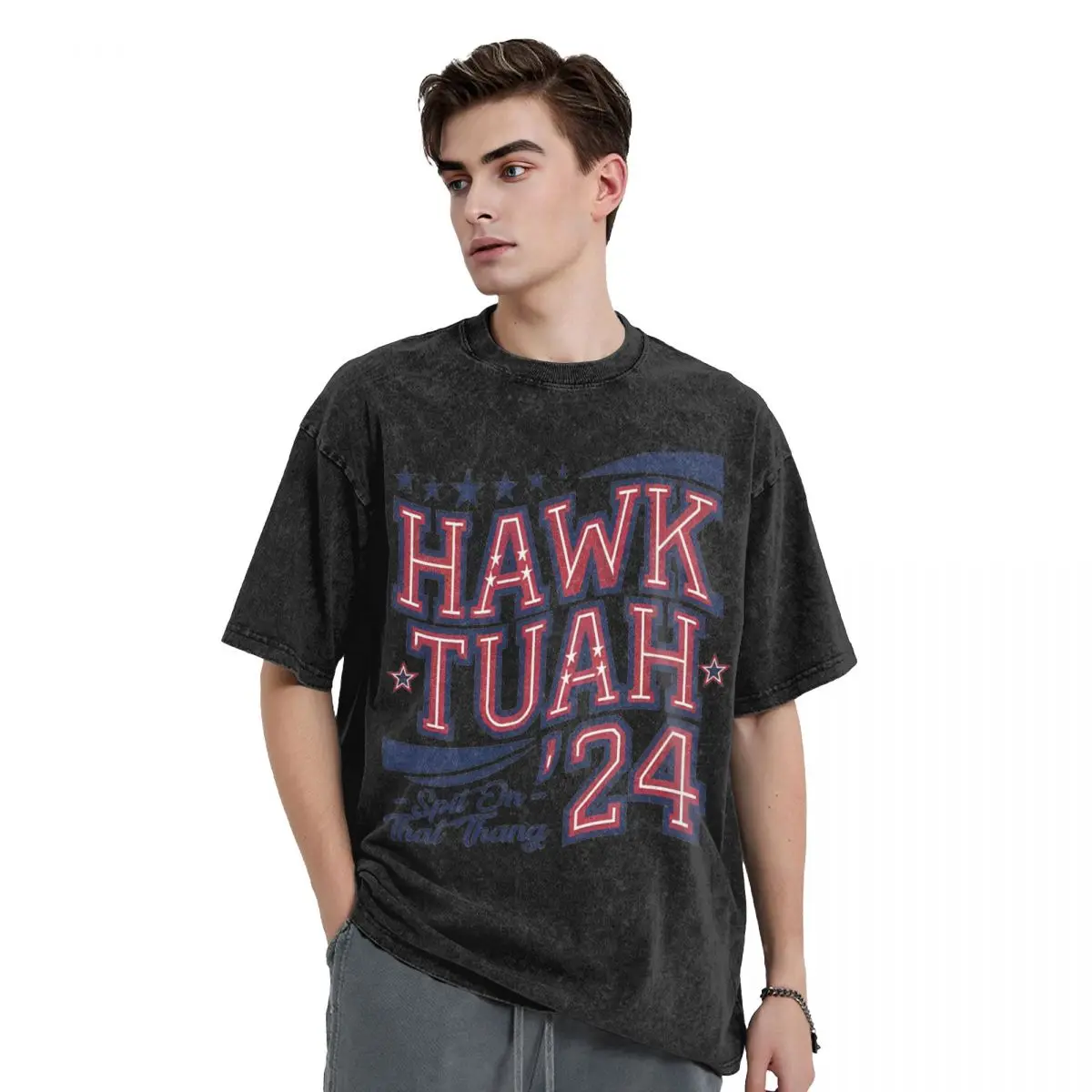 Washed T Shirts Hawk Tuah '24 Spit On That Thang T-Shirt High Street Streetwear Short Sleeve Summer Tops for Men Women Tees