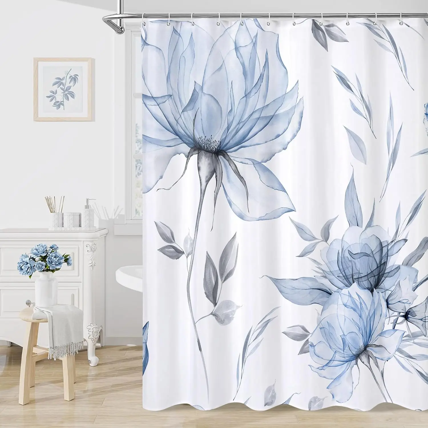 

Blue Grey Boho Watercolor Flower Shower Curtain, Ink Painting Style for Elegant Bathroom, 72x72