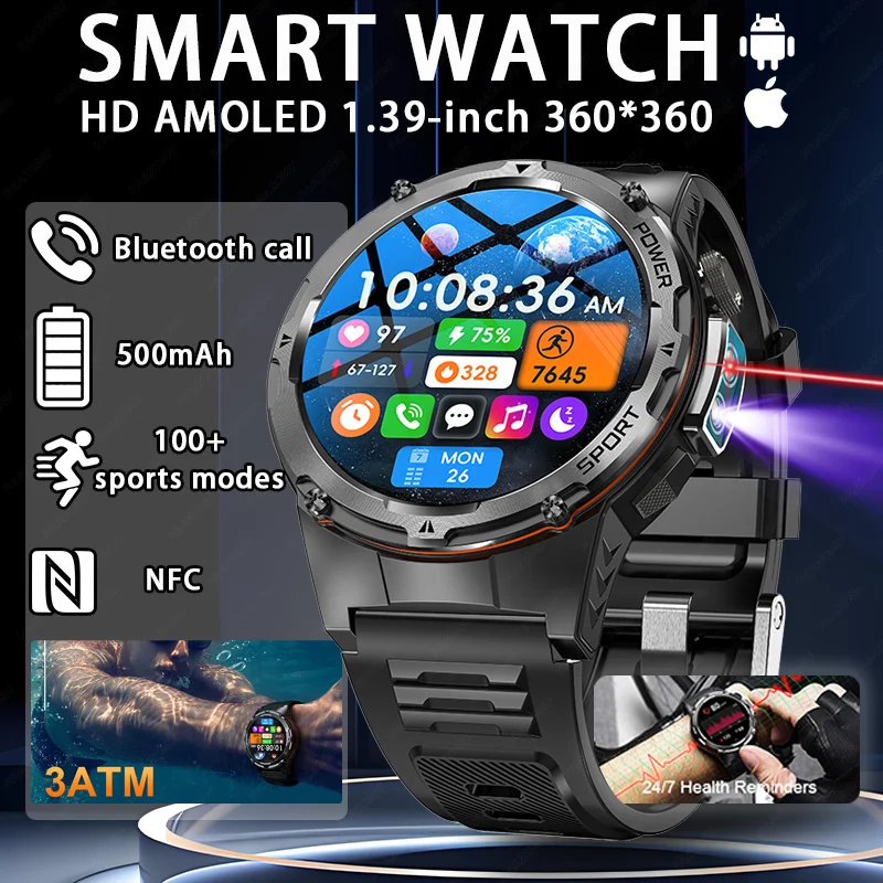 

2025 New Military Smart Watch Men outdoor Compass AMOLED HD Screen Sport tracker Bluetooth call NFC 3ATM Waterproof Bracelet Men