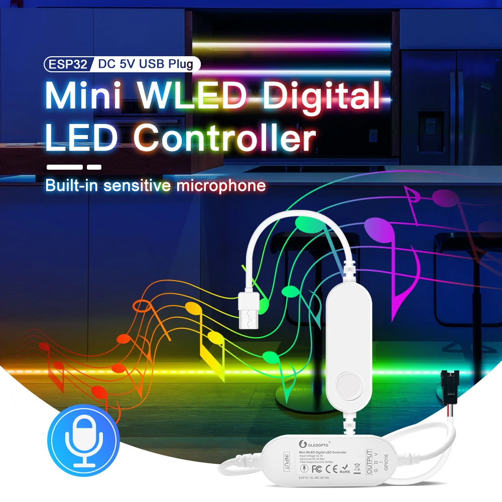 WLED ESP32 Mini LED Strip Controller RGBIC Digital with Mic Music Sound Mode DC5V USB Power WS2812b WS2814 Addressable LED Strip