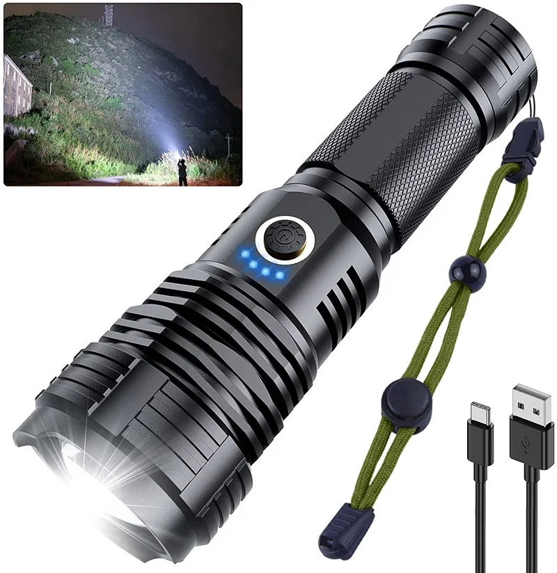 Linterna LED recargable XHP70.2, lámpara con zoom, USB, XHP70, 18650, 26650, para caza al aire libre