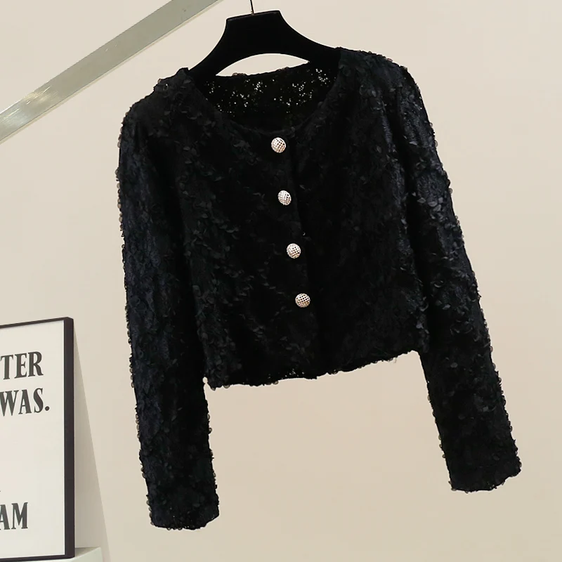 

Faionable Heavyweight Knitted Hooked Flower Wood ain Open Cardigan Coat Design Versatile Loose Long Sve Top