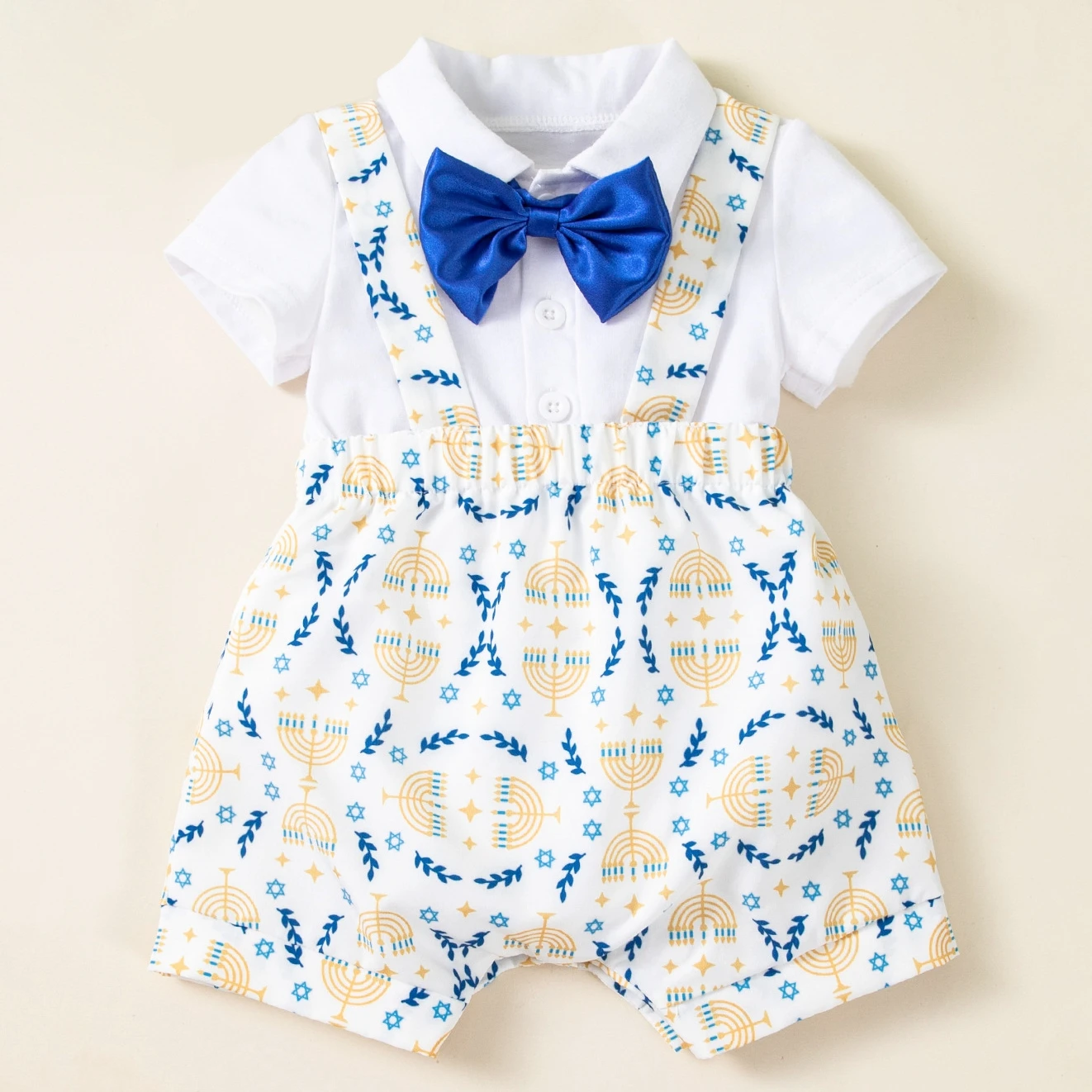 

Baby Boy Hanukkah Outfits White Short Sleeve Bodysuit Menorah Suspenders Pants Bow Headband Litter Gentleman Costume
