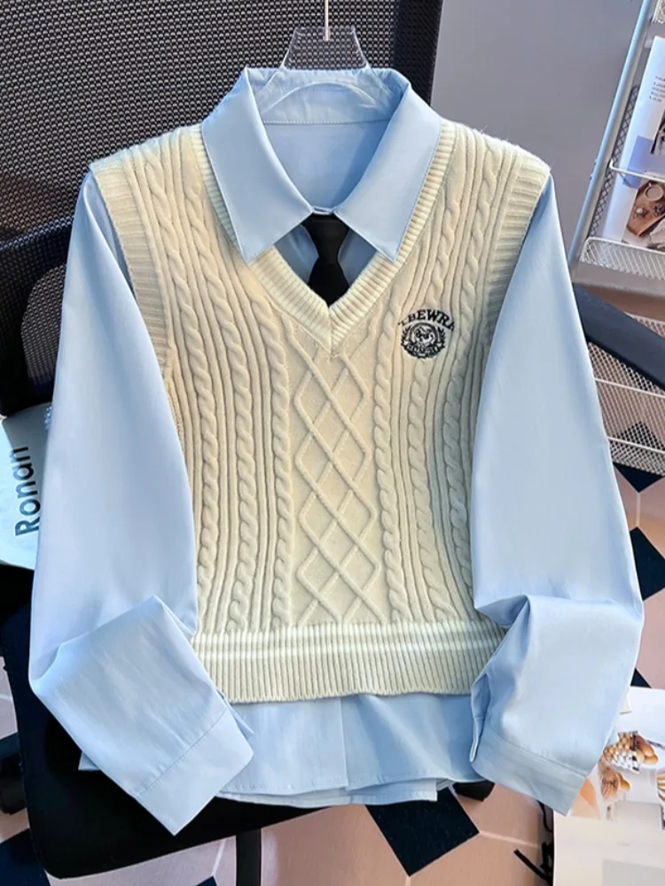 

Трикотажный жилет College Sle с отложным воротником irt, женский комплект из двух предметов с v-образным вырезом, свободный крой, вышитый лоскутный длинный све