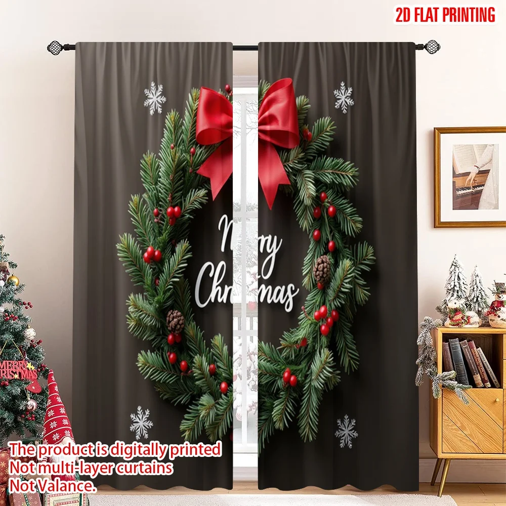 

2pcs 2D flat printing Merry Christmas Window Curtains Merry Christmas Wreath Polyester Fabric Without Electricity Festive